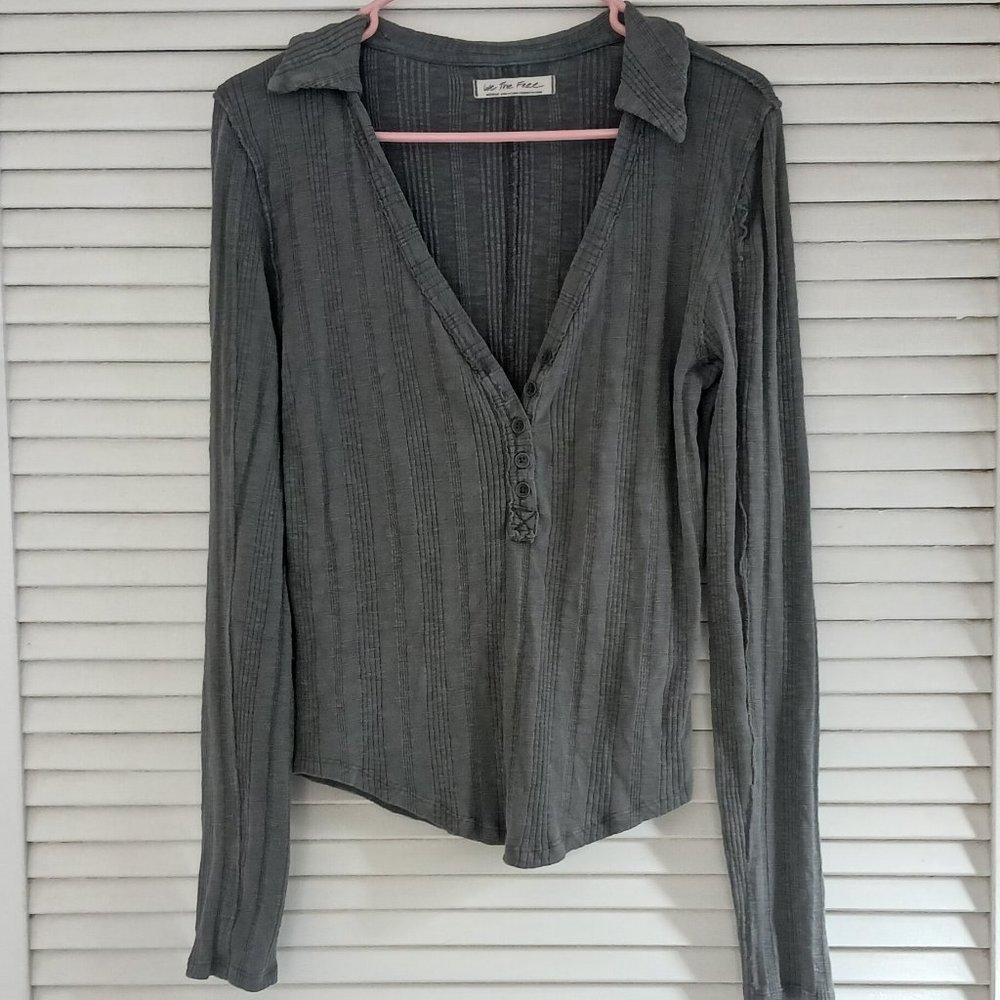 Free People We the Free Smoke Grey Understated Thermal Button Collared T Shirt